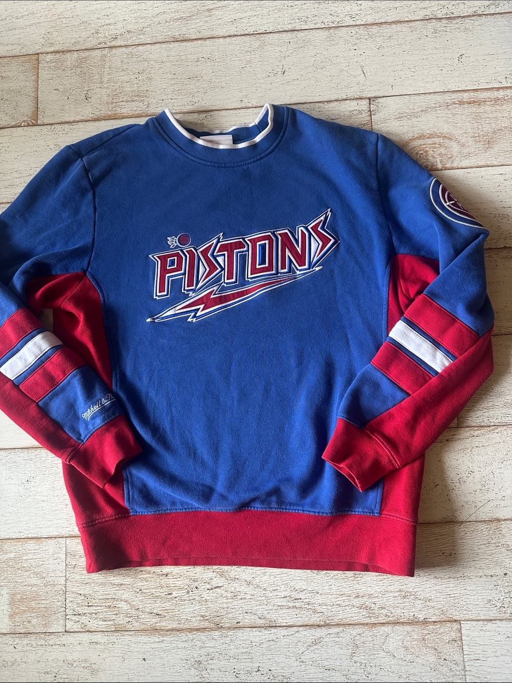 Mitchell & Ness Blue & red  Pistons Sweatshirt with White Trim